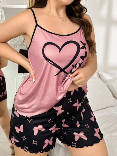Conjunto de camiseta y shorts de dormir talla grande con estampado de mariposas y corazones