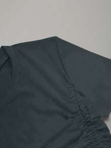 SHEIN Unity Women's Solid Color Crew Neck Short Sleeve Drawstring Casual Versatile T-Shirt - Light Grey - View 5