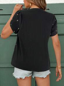 SHEIN Clasi Bluză de damă elegantă, cu decolteu în V, cu mâneci brodate, top casual de primăvară/vară pentru vacanță