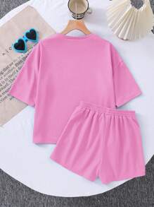 SHEIN LMoss Kids 2件套少女纯色针织宽松圆领T恤和合身针织短裤 - 粉色 - 查看 2