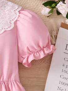 SHEIN Tween Girls' Fashionable Ruffled Short Puff Sleeve Princess Dress, Summer - Pink - View 4