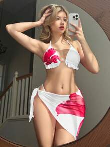 Swim Mod 3 件套女士新款春假沙滩装夏季套装，褶饰露背系带比基尼套装，花卉印花网眼沙滩裙，泳衣，适合游泳、度假、节日、波西米亚风 - 彩色 - 查看 1