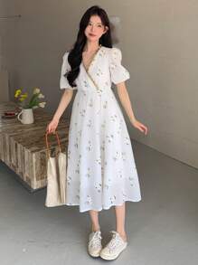 DAZY Vestido largo con mangas abullonadas bordado para mujer, primavera/verano - Blanco - Ver 5