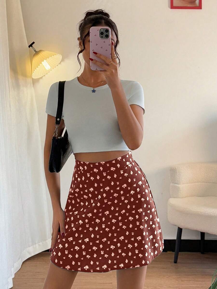 Chiquease Damen schwarzer Ditsie Blumen A-Linien Rock, neuer Sommer Mini Rock 2024, schmeichelhafter A-Linien Rock für birnenförmige Figur - Rot - Übersicht 1