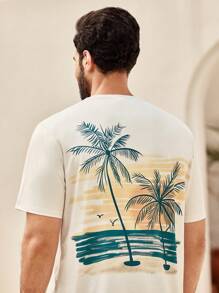 Manfinity VCAY Men's Casual Coconut Tree Graphic Print Slim Fit Crew Neck Short Sleeve T-Shirt, Summer