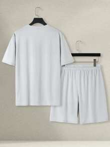 Manfinity RelaxMax Men's Contrast Color Round Neck Short Sleeve Casual T-Shirt And Drawstring Waist Shorts Set Casual Two Pieces Set Men - Grey - View 2