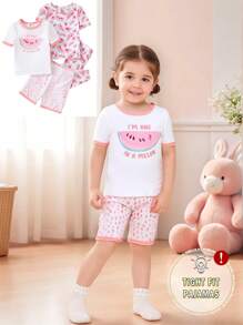 4pcs/Set Baby/Baby Girl Cute Watermelon Print Short Sleeve T-Shirt, Shorts And Leggings Casual Homewear Set - Multicolor - View 1