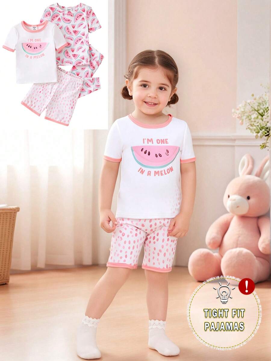 4pcs/Set Baby/Baby Girl Cute Watermelon Print Short Sleeve T-Shirt, Shorts And Leggings Casual Homewear Set - Multicolor - View 1
