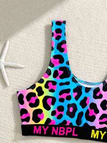 Tween Girl Summer Vacation Beach Leopard Print & Letter Trim Bikini Set Young Girl Summer Outfits Young Girls Sets Set Outfit For Girls Cute Sets For Girls Workout Sets For Girls - Multicolor - View 3