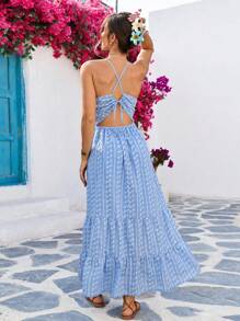 Vivid Eden Đầm dài hở lưng dệt cổ chữ V dành cho nữ - Màu xanh lam - Xem 2