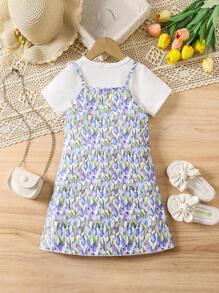 SHEIN 2pcs/Set Young Girls' Solid Color Short Sleeve T-Shirt & Floral Print Cami Dress