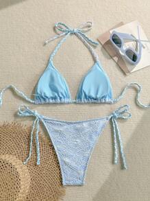 Swim Mod Conjunto de bikini de triángulo con diseño floral azul celeste y cuerda de color contrastante para chica adolescente en vacaciones de verano - Azul - Ver 2