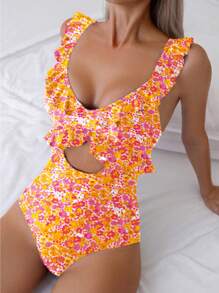 SHEIN Swim 1pc Summer Beach Ditsy Floral Ruffle One-Piece Swimsuit, Random Print - Multicolor - View 4