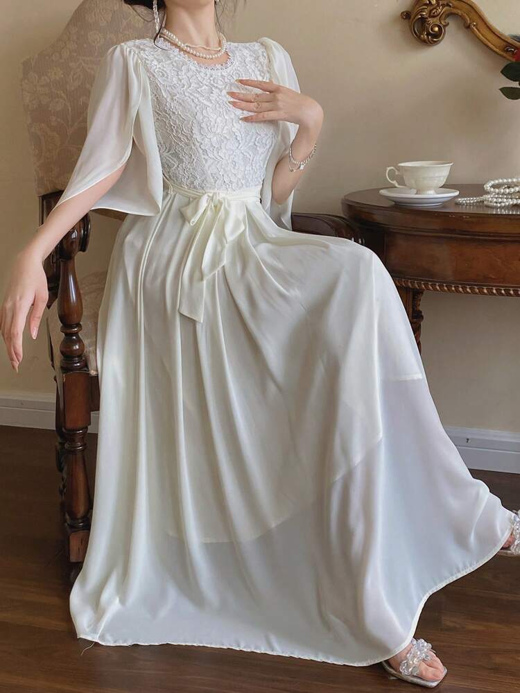 Women's Solid Color Lace Patchwork Belted Elegant Dress Maxi Dress