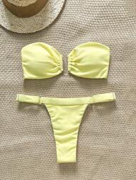 Swim Chiccia Conjunto de Maiô Bikini Minimalista Primavera/Verão com Top Decote Halter com Decoração Metálica e Tanga em Cor Sólida, 2 Peças