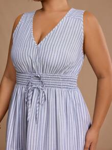 SHEIN Unity Women's Plus Size Blue And White Striped Summer Casual Lace-Up Craft Dress/Long Spring Dress/Pleated Dress - Blue and White - View 3