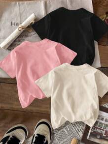 SHEIN Leap Crew 3pcs/Set Tween Girls' Casual Cute Cherry & Bow Print Short Sleeve T-Shirts, Suitable For Summer, School, Campus, College - Multicolor - View 2