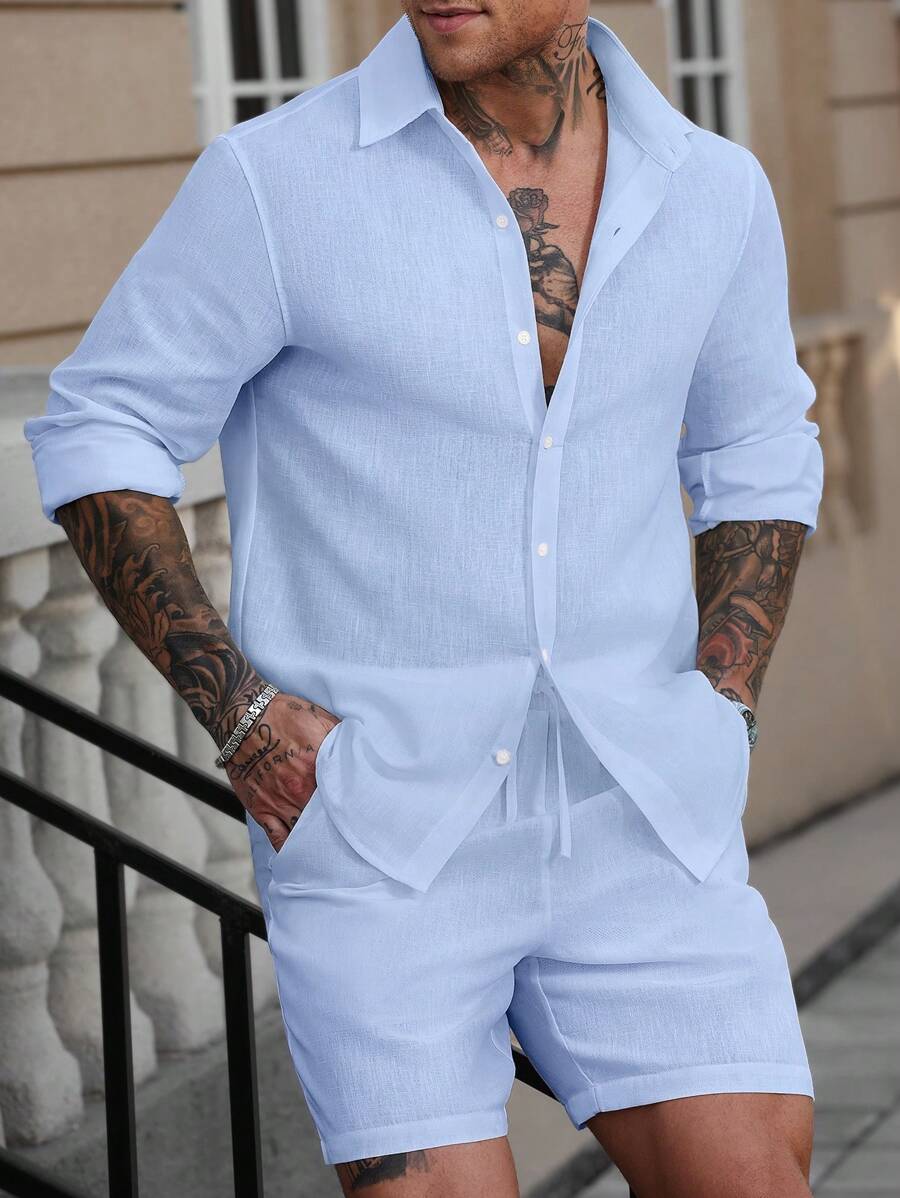 Manfinity Homme 2 件套男士白色前扣长袖衬衫和抽绳腰袋短裤男士夏季服装男士衬衫套装男士亚麻服装,秋季服装 - 淺藍色 - 查看 1