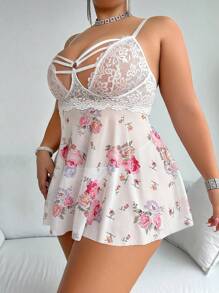 SHEIN 2件套浪漫蕾丝拼接性感女士印花吊带睡袍套装 - 彩色 - 查看 5