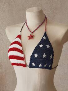 SHEIN Swim 钩针条纹星形美国国旗印花吊带上衣和系带侧裤比基尼套装，7 月 4 日 - 彩色 - 查看 5