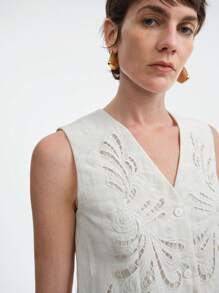 Aalyst Chaqueta ligera informal de lino bordada sin mangas con estilo bohemio y calados para mujer, ideal para la playa, festivales de música y el verano