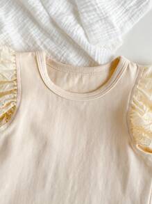 Loomiva Baby Girl Soft Knit Round Neck Ruffled Cap Sleeve Pullover Sweater - Apricot - View 5