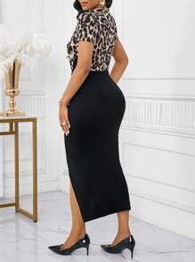 SHEIN Lady Women's Elegant Leopard Print Patchwork High Slit Dress, Summer