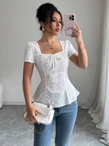 Airlisse Camiseta de mujer elegante de unicolor con bordado calado, para verano