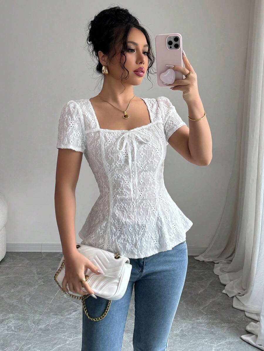 Airlisse Camiseta de mujer elegante de unicolor con bordado calado, para verano