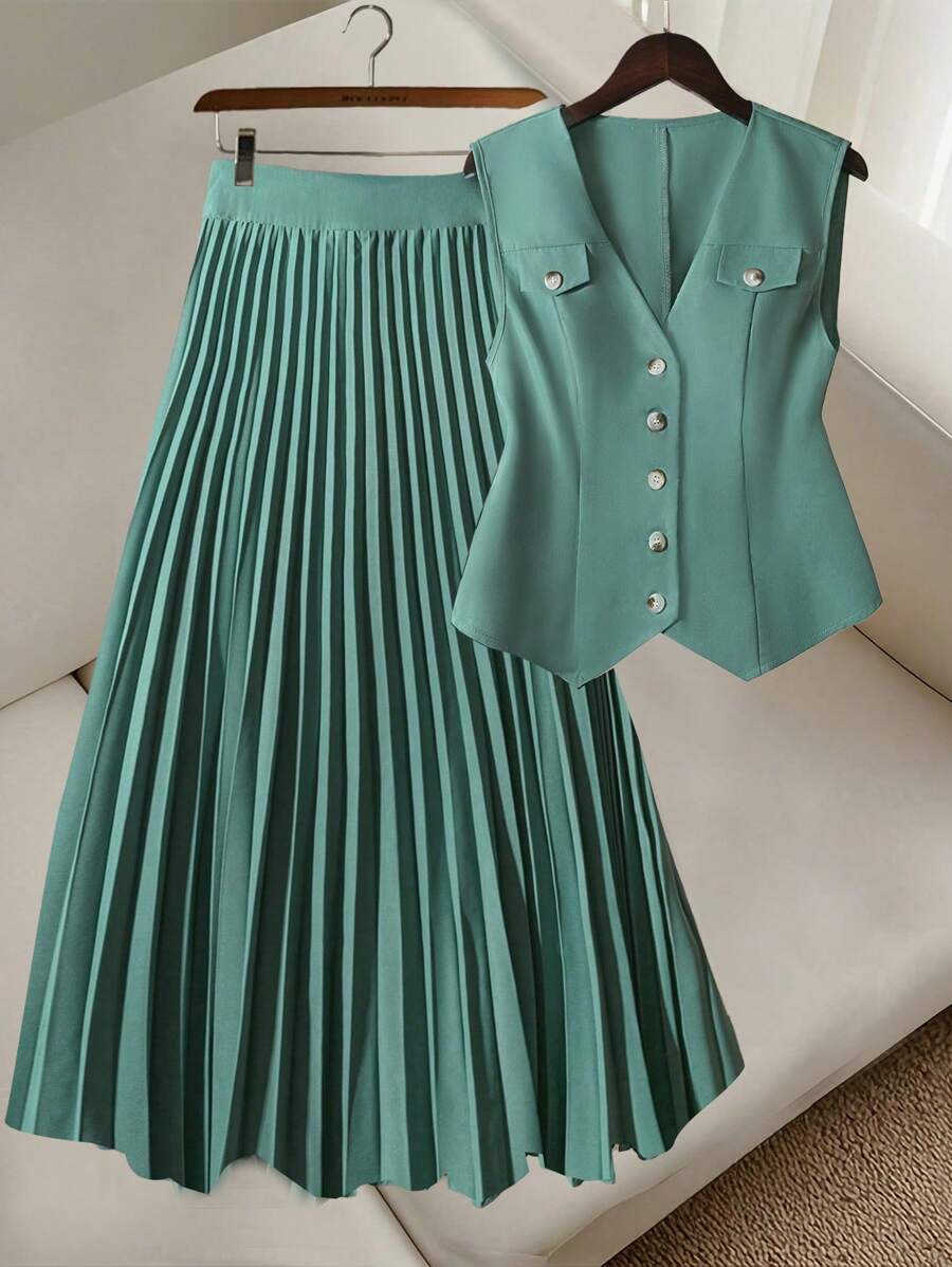 GlowEve Casual Office Solid Color Vest & Pleated Skirt 2 Pieces Set - Multicolor - View 1