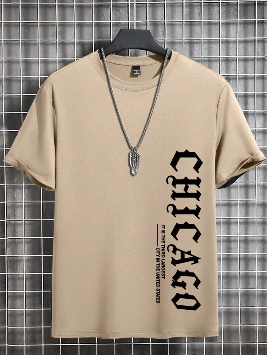 Manfinity Roughcore Kaos Pria Kasual Lengan Pendek Leher Bulat dengan Grafis Huruf, Kaos Musim Panas untuk Pria, Gaya 2000-an - Aprikot - View 1