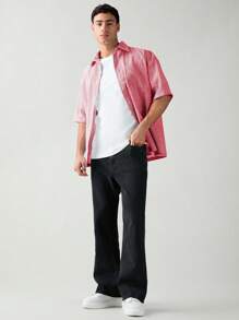 SWAVVY Camisa de verano informal para hombre, de tejido, con botones delanteros, bolsillo parche y rayas, para la escuela