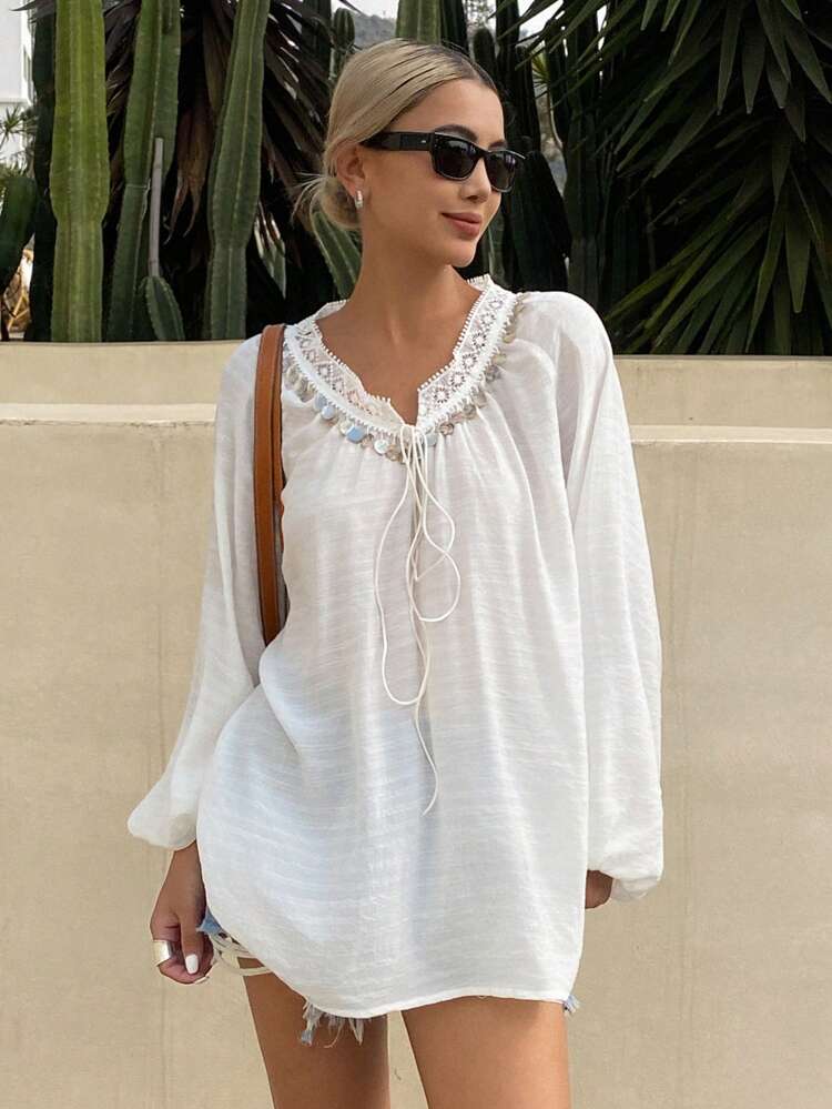 Lace Sequin Trim Tie Front Loose Long Sleeve Casual Beach Summer Top For Women Vacation