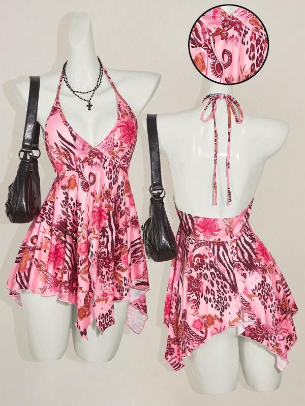SHEIN ICON Topuri camisole fără spate cu imprimeu floral retro pentru femei, bluză boemă Y2K cu decolteu în V pentru îmbrăcăminte de plajă pentru vacanță și îmbrăcăminte ocazională, primăvară/vară