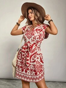 Freevana Vestido con estampado floral y cinturón talla grande