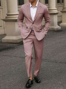 Calvornis Men 2pcs Solid Color Long Sleeve Jacket And Trousers Suit - Pink - View 4
