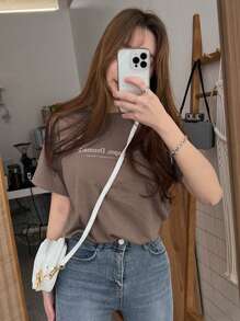 DAZY Kaos Wanita Lengan Pendek Leher Bulat dengan Motif Huruf, Modis untuk Musim Panas - Grey - View 2