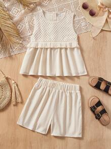 2 pièces Tenue pour Jeune Fille : Top sans manches avec bordure en dentelle abricot minimaliste et shorts amples, ensemble confortable - Nude - Voir 3