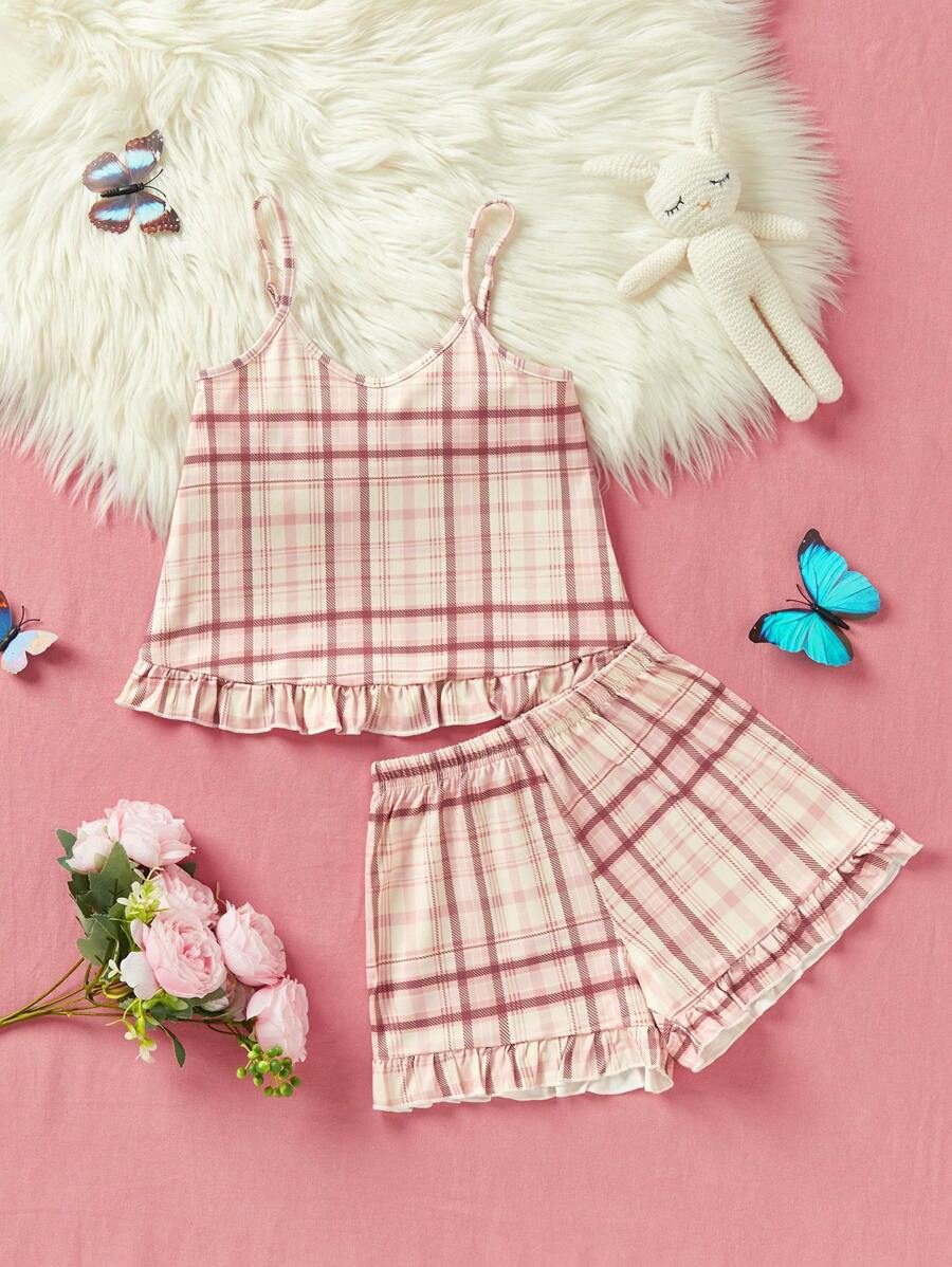 两件套阻燃女童荷叶边格子吊带背心和短裤睡衣套装 - 淺粉色 - 查看 1