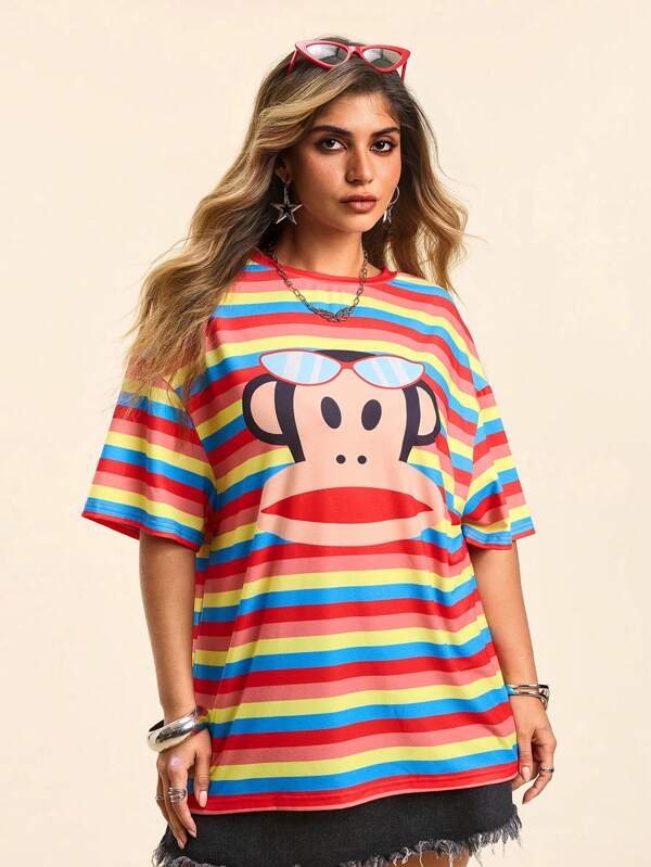Paul Frank X SHEIN Plus Size Women Rainbow Striped Cartoon Loose Summer T-Shirt, Beach Resort Music Festival Tee
