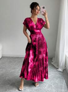 Elenzga Women's Random Printed Elegant Waistband Fitted Pleated Dress, Fashionable Holiday Style - Pink - View 5