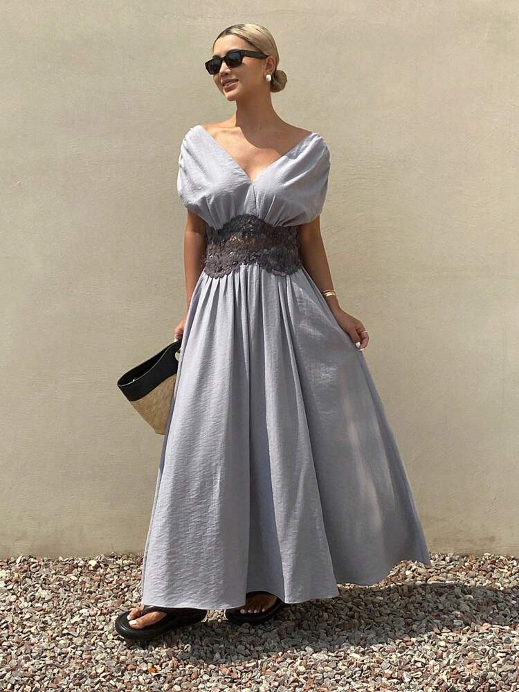 Lace Waist Ruching V-Neck Elegant Holiday Dress For Women, Summer,Formal Women Dresses Maxi Dress