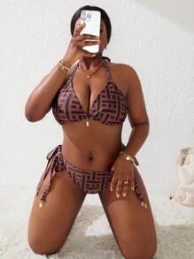 Slaydiva Exaggerate Metal Random Geometric Print Plus Size Swimsuit Set, Sexy And Stylish For Summer Beach Vacation - Multicolor - View 5