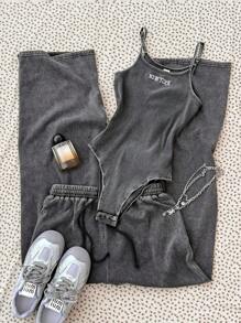 Teen Girls 2Pcs Set Snowflake Embroidered Jumpsuit & Snowflake Casual Vintage Simple Style Long Pants Suit, Spring & Summer - Black - View 3
