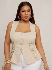 SHEIN SXY Plus Size Summer Casual Solid Color Cross Strap Vest - Apricot - View 5