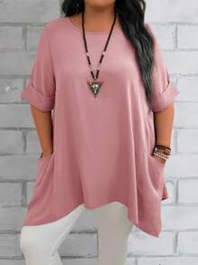 EMERY ROSE Blusas informales holgadas para mamá de talla grande, de cuello redondo, manga corta y bolsillo doble, en color azul, para verano