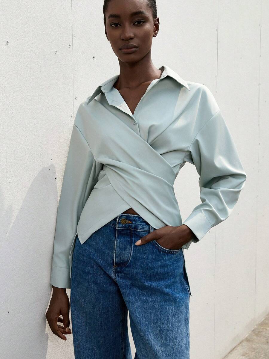 Aveloria Modichic Solid Criss Cross Wrap Front Shirt Workwear Fall Cloth For Women - Blue - View 1
