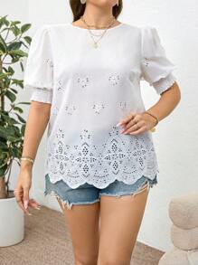 SHEIN Clasi Plus Size French Style Round Neck Solid Color Puff Sleeve Casual Daily Back Lace Splice White Blouse - White - View 4