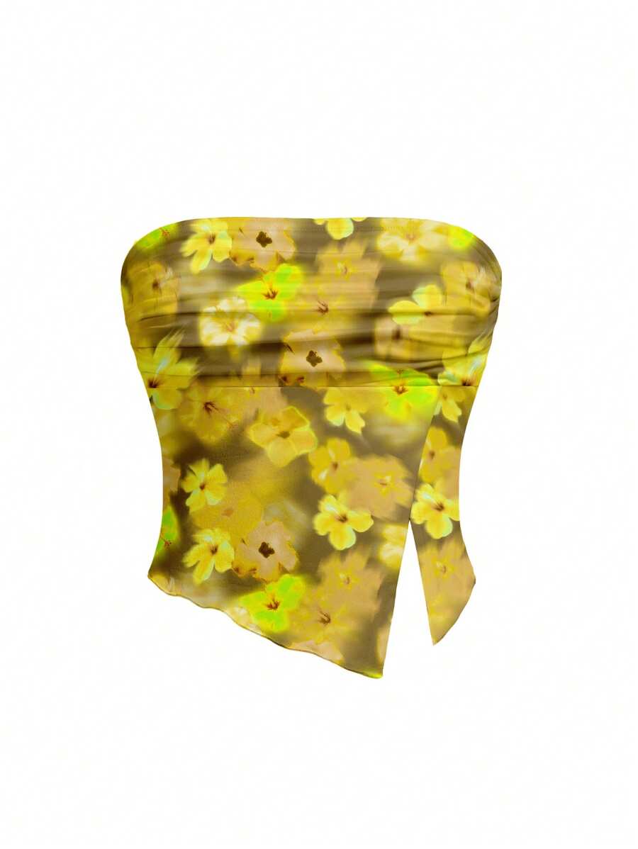 ORANGE STUDIO Girlcore Casual Yellow Floral Print Cropped Tight-Fitting Strapless Women Tops,For Summer, Holiday, Vacation, Going Out, Festival - Yellow - View 1