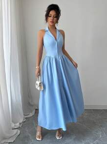 Elenzga Women's Elegant Casual Sexy Commute Romantic Vacation Solid V-Neck Open Front A-Line Hem Ruched Backless Dress, Spring/Summer - Blue - View 3